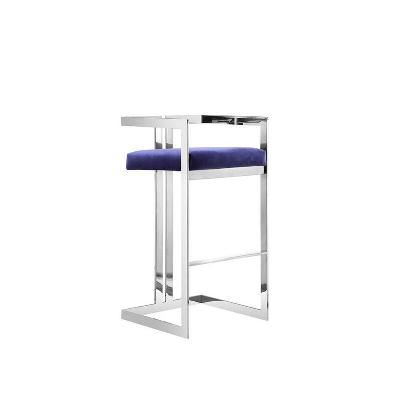Suki 30 Inch Cantilever Barstool Chair, Foam Navy Blue Velvet, Silver Frame