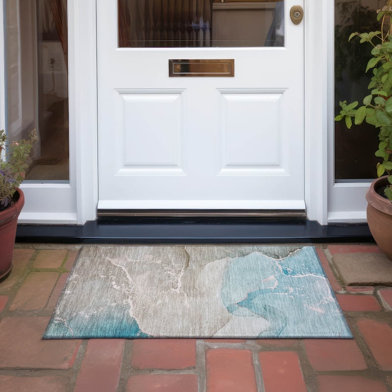 Machine Washable Indoor/ Outdoor Abstract Marble Chantille Rug - Teal - 1'8" x 2'6"