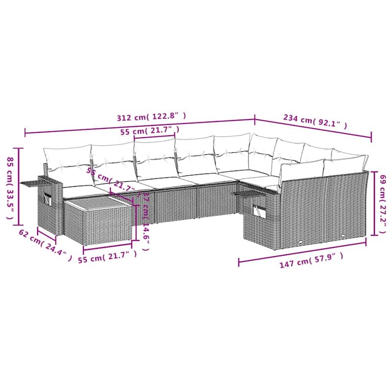 vidaXL 10 Piece Patio Sofa Set with Cushions Black Poly Rattan - 24.4" x 24.4" x 27.2"