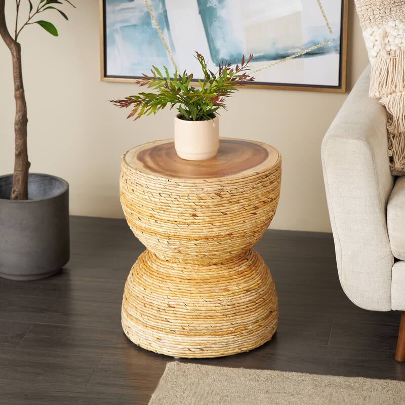 Banana Leaf Handmade Woven Accent Table with Wooden Tabletop - Light Brown - Roche River Decor