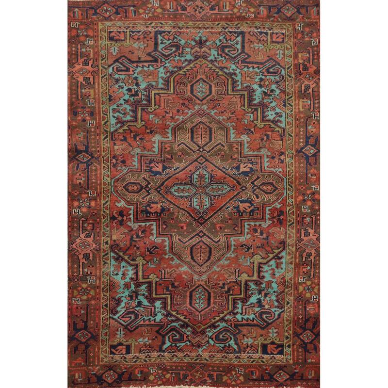 Hand Knotted Oriental 100% Wool Carpet Traditional Medallion Oranges & Rust Heriz Area Rug - 6' 11'' X 4' 7''
