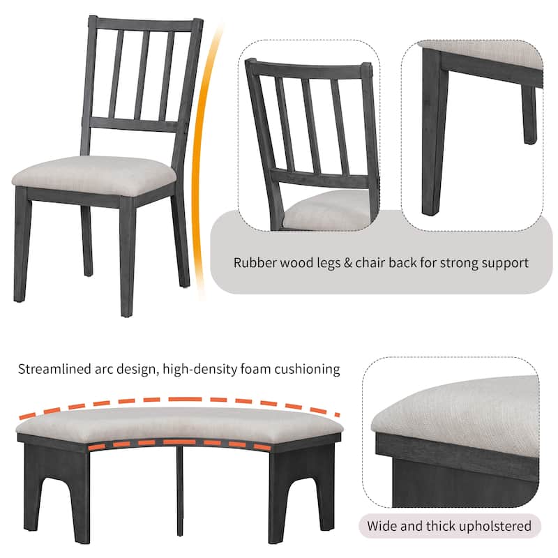 5-piece Rustic Charm Round Dining Set with 3 Upholstered Chairs and Curved Bench for Dining Room