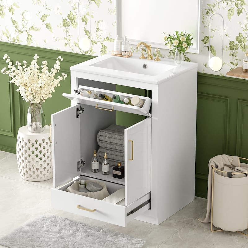 Floor Standing 24" Bathroom Vanity for Small and Medium Restroom, Integrated Ceramic Sink Bathroom Storage Cabinet