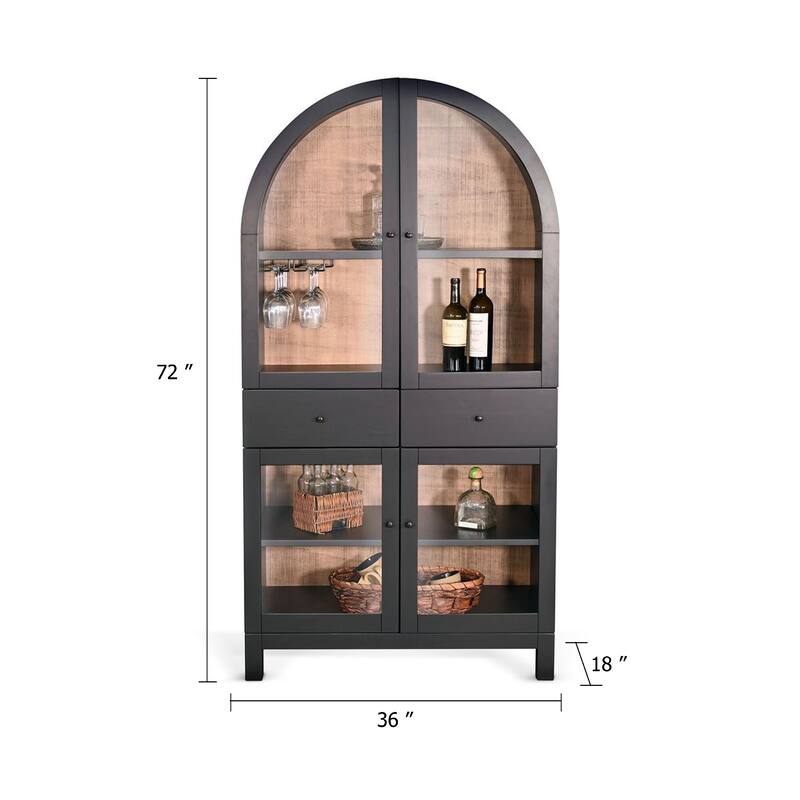 Ric Arched Wine Bar Cabinet, 2 Drawers w 4 Glass Door Shelves, Black