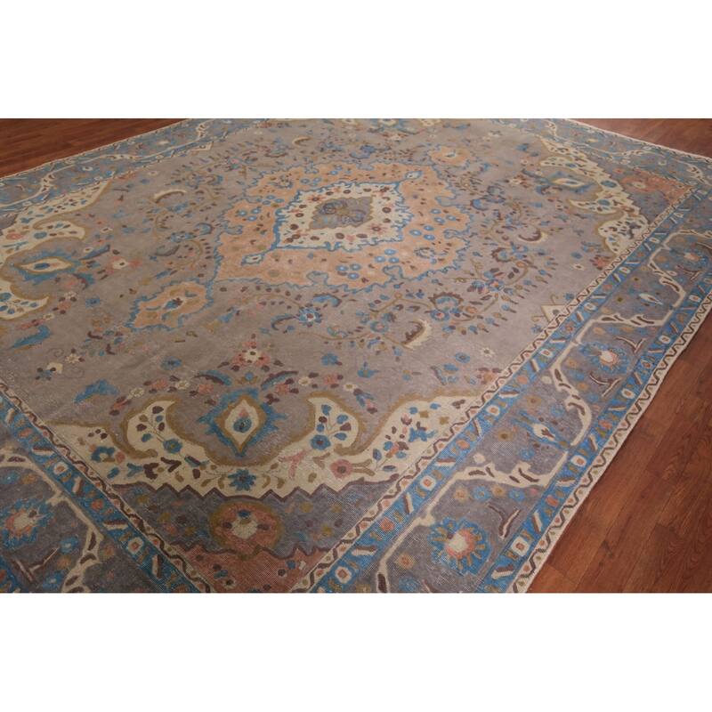 Overdyed Gray Tabriz Persian Vintage Area Rug Handmade Wool Carpet - 9'8" x 12'7"