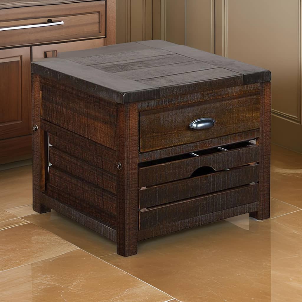 Flint End Table, 1 Drawer, 1 Crate, Dark Brown Mahogany Wood, 26 Inch