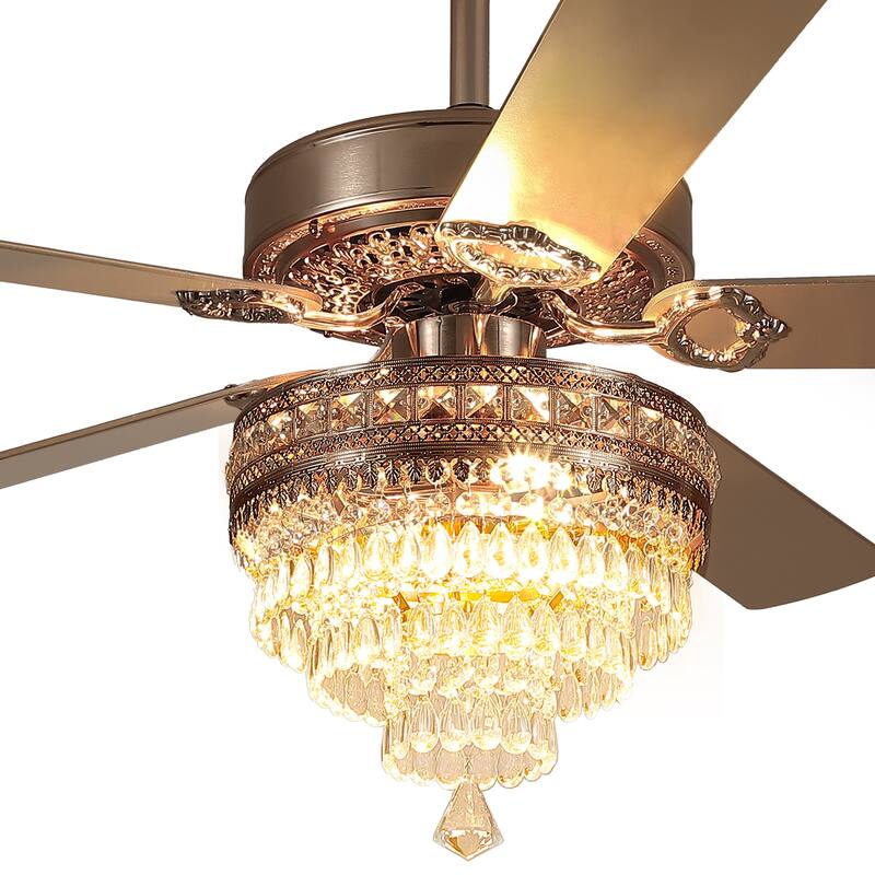 52"/62" Modern Crystal Chandelier Ceiling Fan Light,Reversible Airflow,E12 Bulbs,for Bedroom,Kitchen,Patio - 62 Inches-DC Motor - Gold
