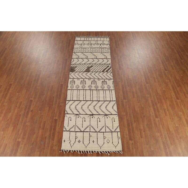 Ivory Moroccan Runner Rug Handmade Wool Carpet - 3'10"x 12'7"