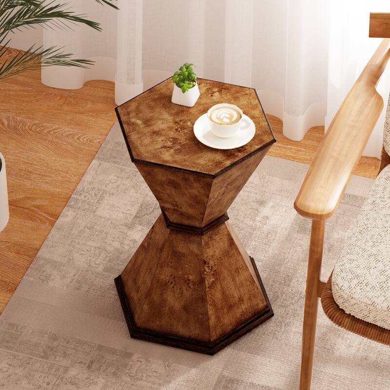 COZAYH Rustic Hexagonal Accent Table, Sculptural Hourglass-Shaped Side Table with Geometric Base, Brown - Brown