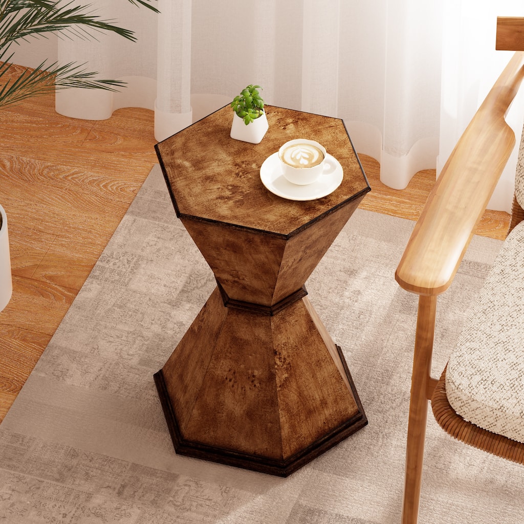 COZAYH Rustic Hexagonal Accent Table, Sculptural Hourglass-Shaped Side Table with Geometric Base, Brown