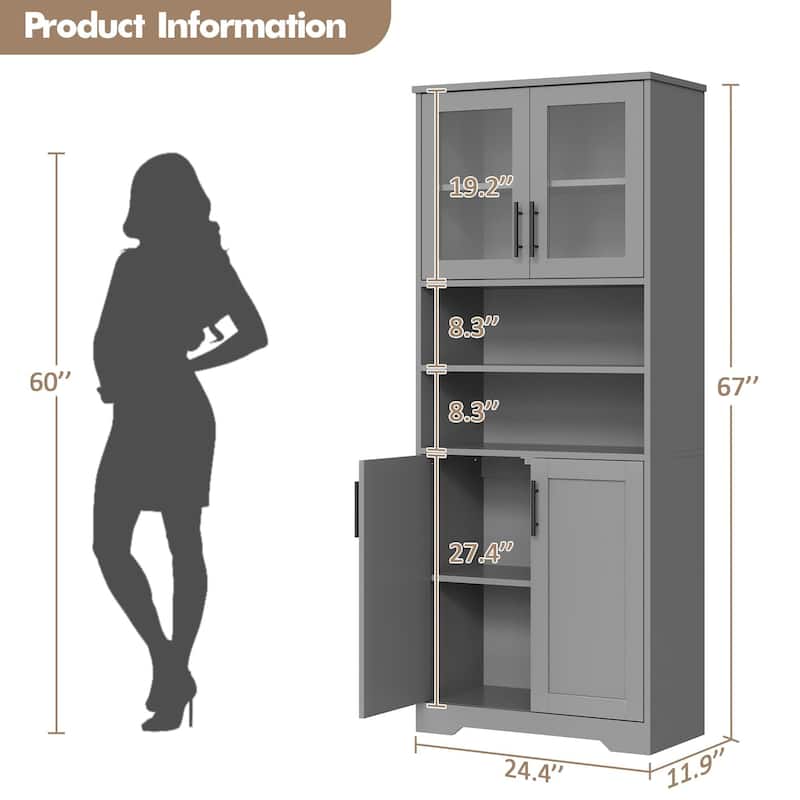 67" Tall Storage Cabinet, Kitchen Pantry Cabinet with Adjustable Shelves, Open Compartments