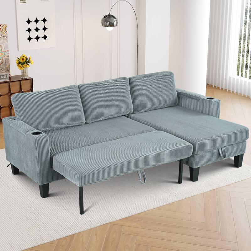 Convertible Sectional Sofa with L-Shaped Storage Chaise, Corner Sofa with Cup Holder & USB Ports, Corduroy Fabric Sleeper Sofa