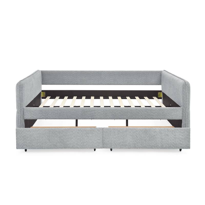 Roomfitters Queen Boucle Daybed with Trundle, Two Storage Drawers and Upholstered Sofa Bed Frame