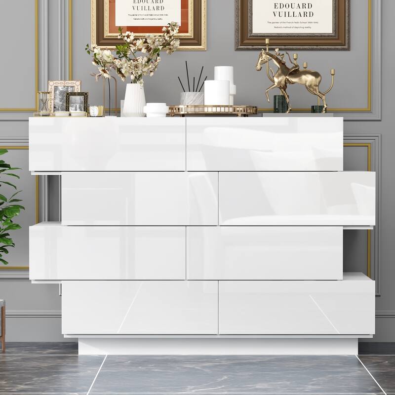 High Gloss White Eight-Drawer Dresser with Modern Design and Storage Chest