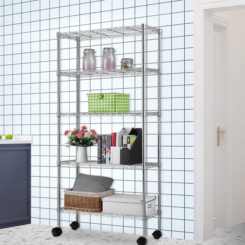 5-Tier Chrome Storage Cart with Smooth Wheels and Mesh Shelves for Home Office and Shop Storage