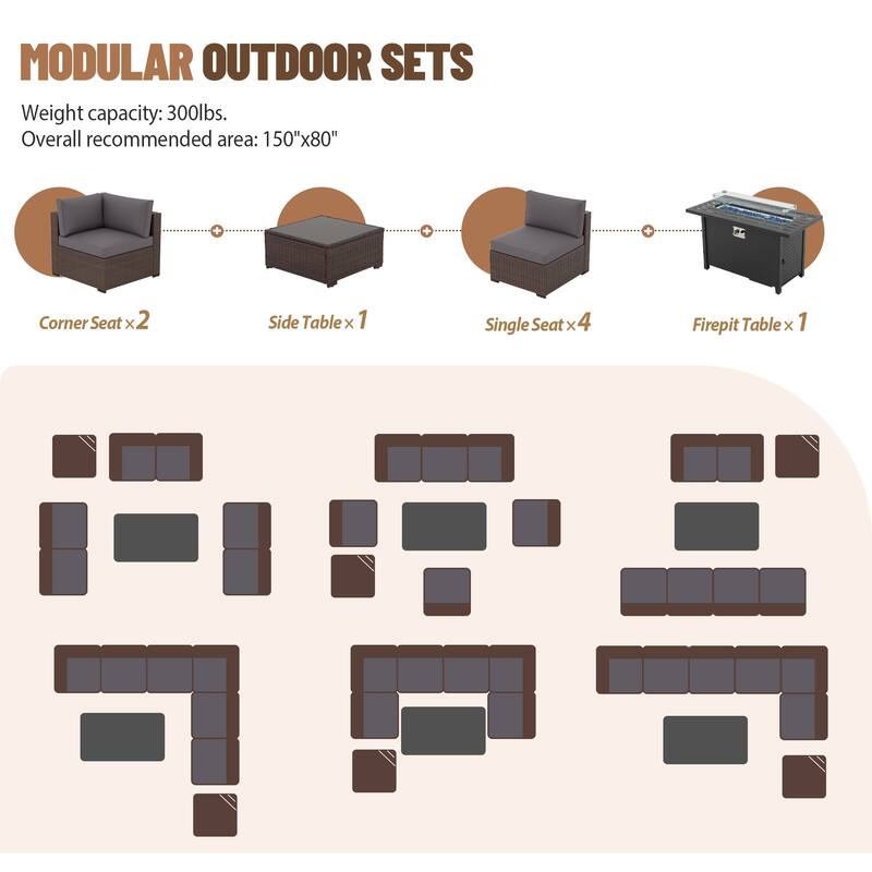 Outdoor Wicker Sectional Sofa 8-Piece Set with Fire Pit Table