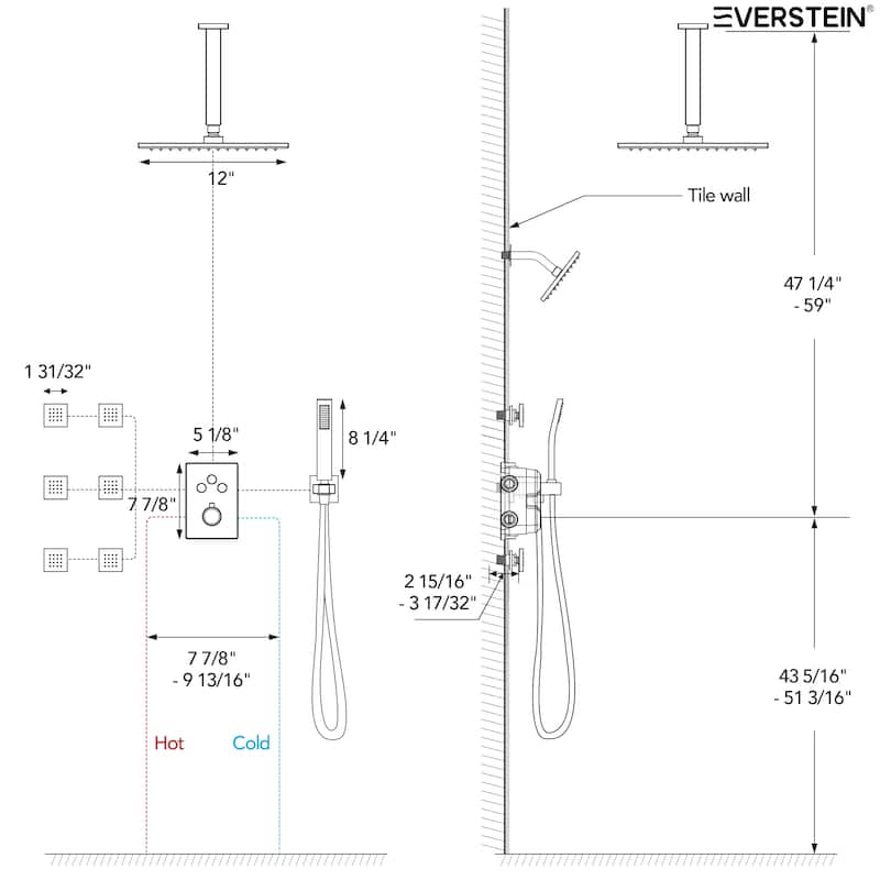 Shower System 12" Ceiling Rain Shower Head with 3-Way Thermostatic Faucet & Body Jets