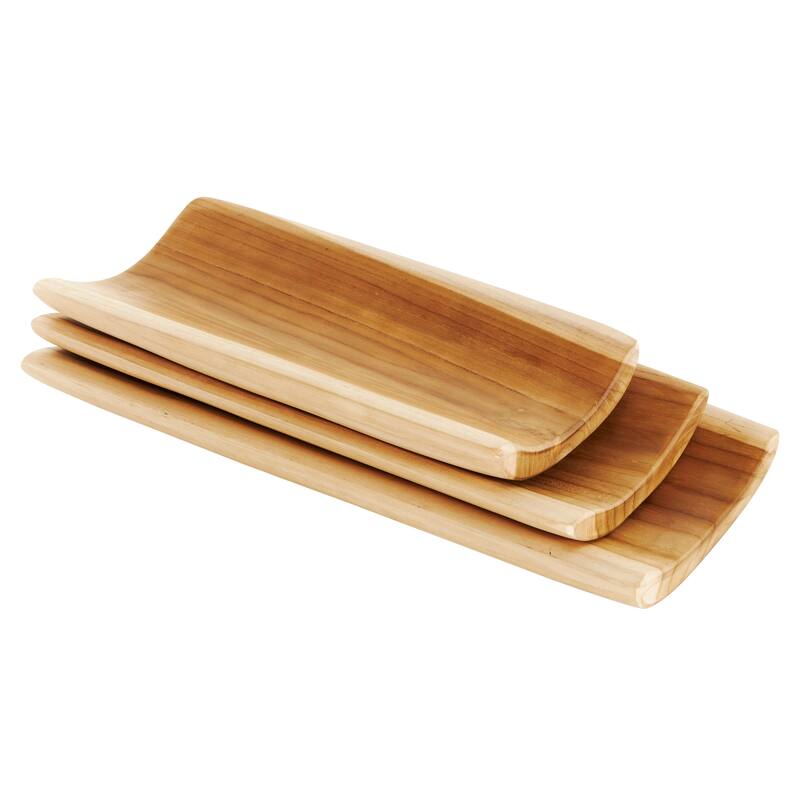 Brown Teak Wood Handmade Minimalistic Curved Living Room Decor Tray (Set of 3)