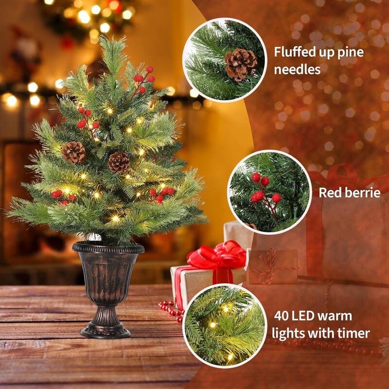 3 Ft Tabletop Christmas Tree Artificial Mini Xmas Tree with Pine Cones and Red Berries with 70 Lights - N/A
