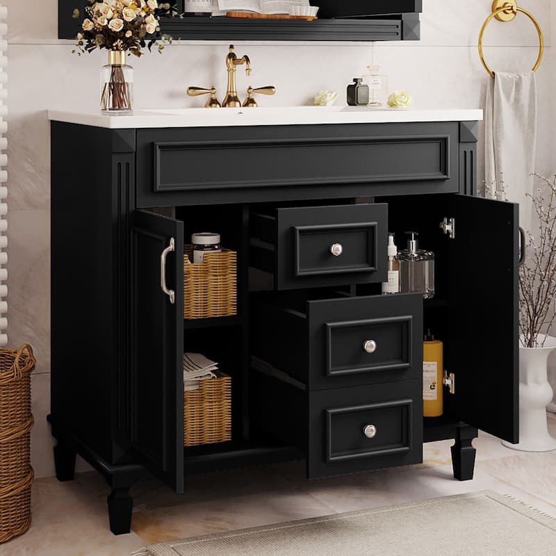 36'' Bathroom Vanity with Top Sink, Freestanding Vanity Set with Mirror Cabinet