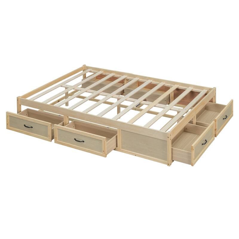 Full/Queen Size Platform Bed without Headboard, Wooden Storage Platform Bed Frame with 6 Drawers, Wood Slats Support