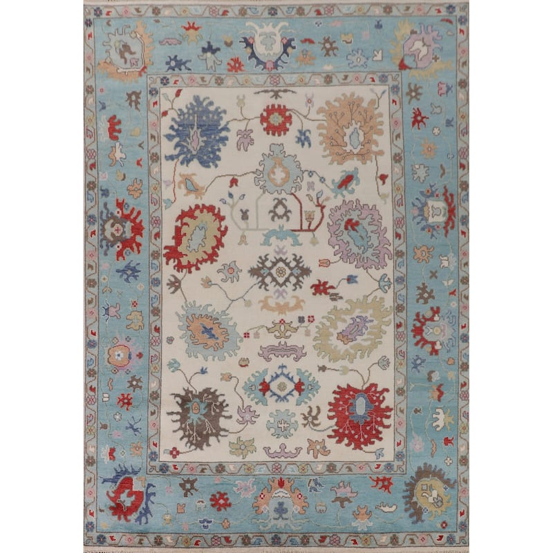 Beige / Ivory Floral Oushak Area Rug Hand-Knotted Wool Carpet - 9'1" x 11'9"