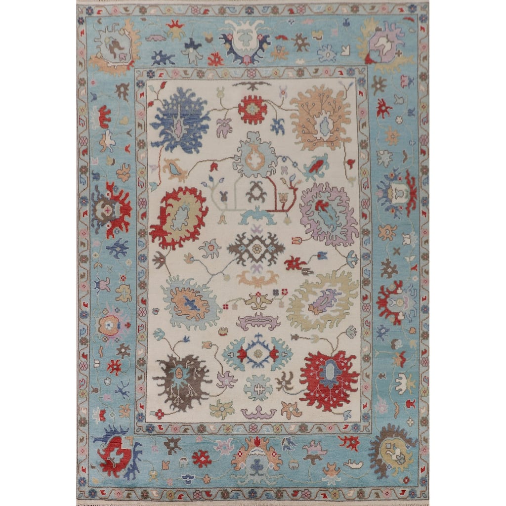 Beige / Ivory Floral Oushak Area Rug Hand-Knotted Wool Carpet - 9'1" x 11'9"