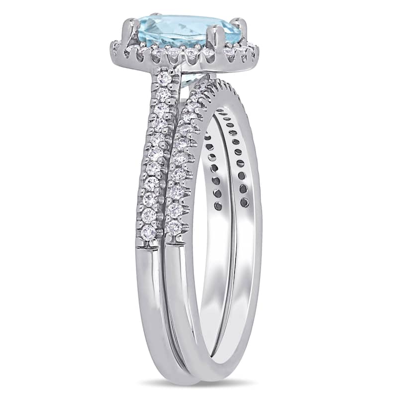 Miadora 14k White Gold Aquamarine and 1/3ct TDW Diamond Halo Bridal Ring Set