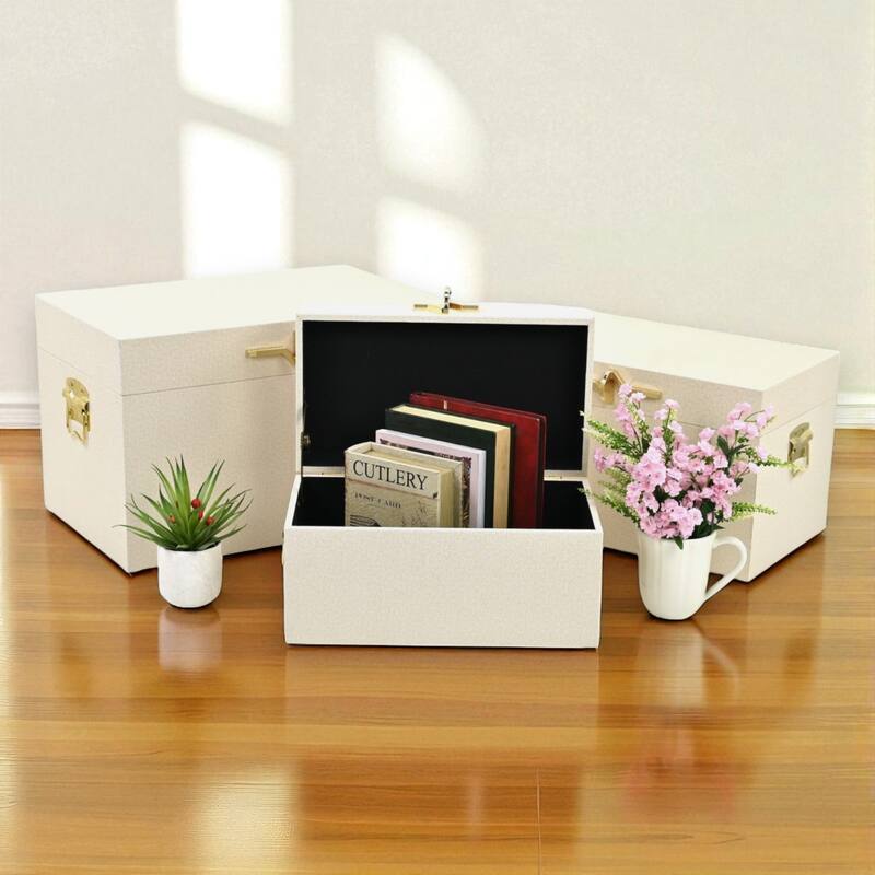 Araminta Set of 3 Rectangular Decorative Storage Trunks - Cream - N/A