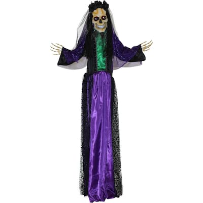 Haunted Hill Farm 5-Ft. Animatronic Voodoo Lady, Indoor/Covered Outdoor Halloween Decoration, Red LED Eyes