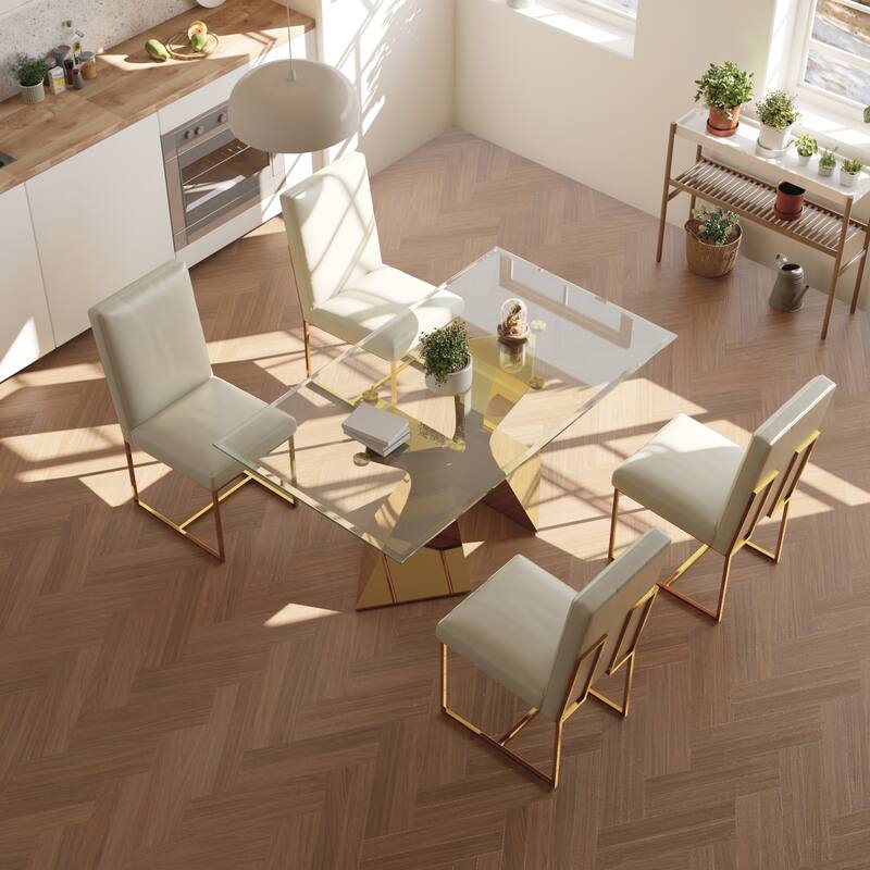 Luxury Gold Dining Table Set with 63 inch Glass Dining Table and White Leather Dining Chairs