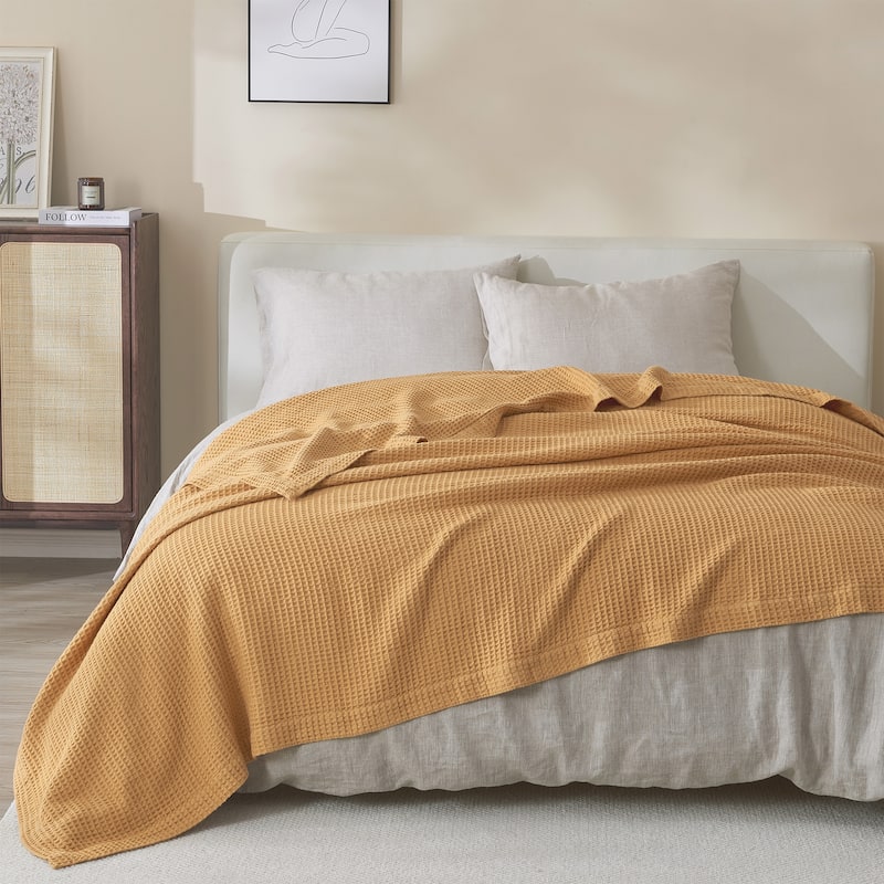 Linery & Co. 100% Cotton All-Season Lightweight Waffle Weave Knit Throw Blanket - Full/Queen - Marigold