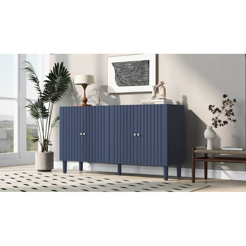 Rubber Wood 4 Door Sideboard with Wavy Pattern Doors and Cylindrical Legs, Storage Cabinet with Metal Door Handle