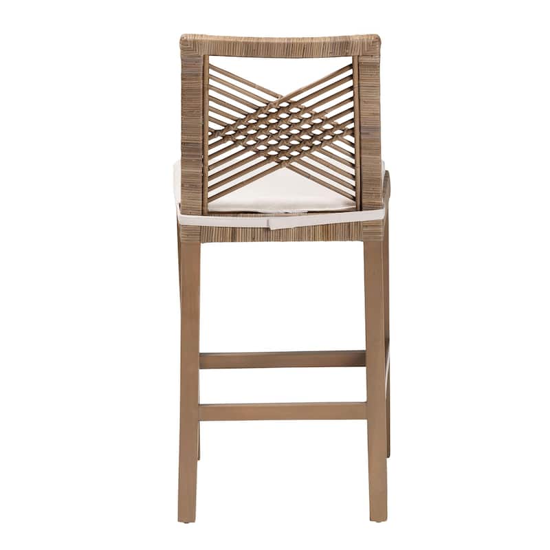 Poltak Modern Bohemian Grey Natural Kubu Rattan and Mahogany Wood Counter Stool