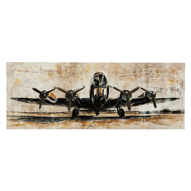 Gallery Wrapped Canvas Wall Art with Airplane Print, Brown and Black