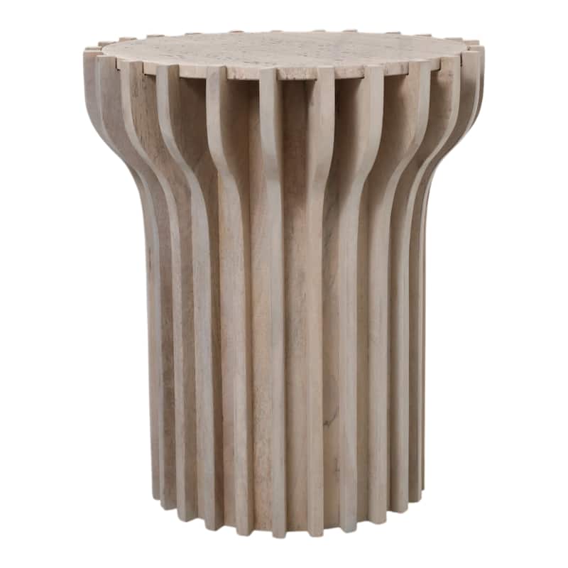 Decorative Travertine Accent Table with Wodden Carved Base- 25", White