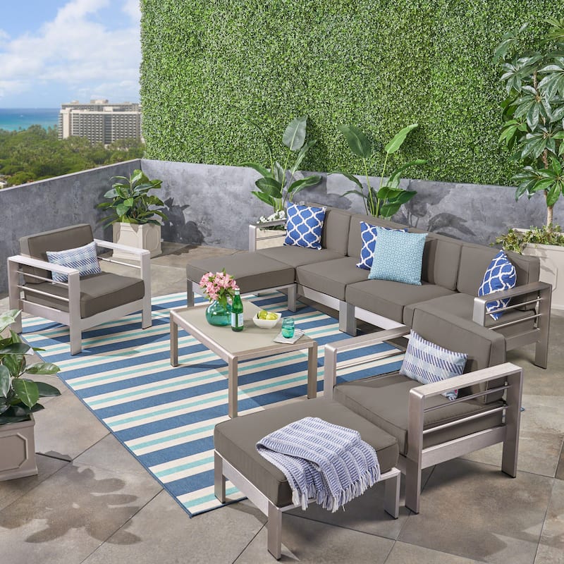 Cape Coral Outdoor 6-Seater Aluminum Sectional Sofa Set with Ottomans and Coffee Table by Christopher Knight Home - silver + Grey cushion