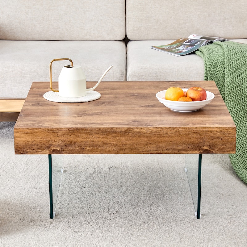 Walnut Colored Square Mdf Coffee Table - 31.5"X31.5"With Tempered Glass Legs.Density Board Sticker,Reinforced Glass Legs - Natural Wood,Transparent
