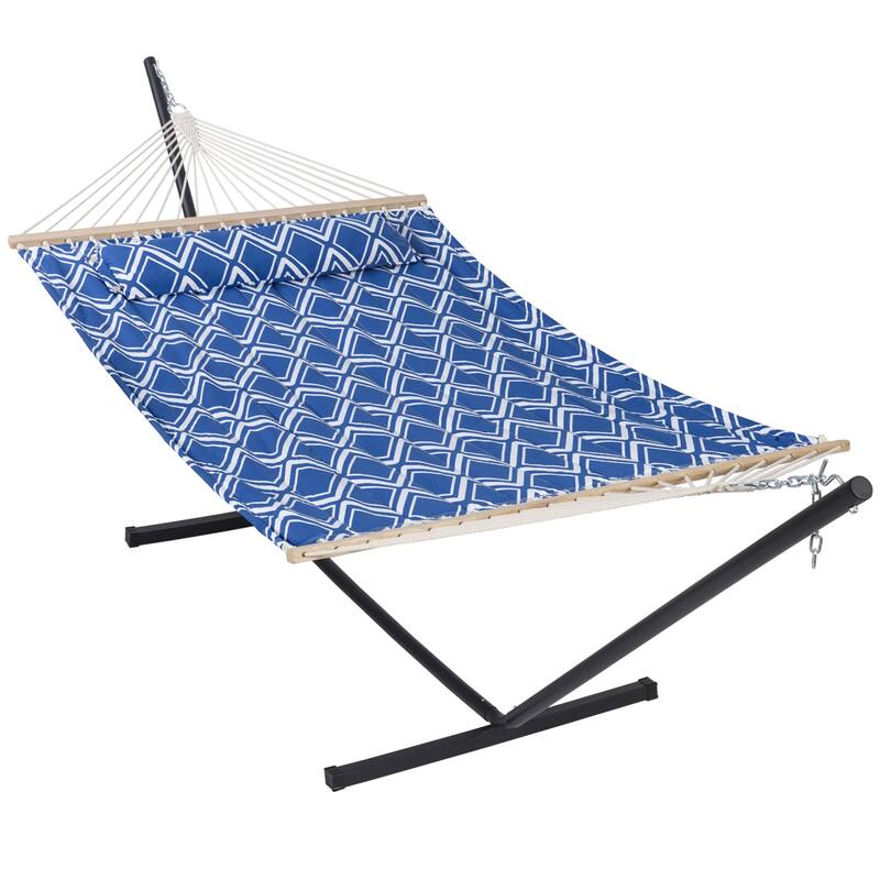 Double Hammock with 12 Feet Heavy Duty Steel Stand Combo, 2 Person Quilted Fabric Hammocks with Stand,450 LBS Weight Capacity