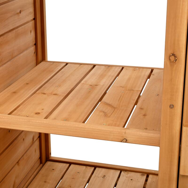 Outdoor Wood Workstation Table, Garden Potting Bench Table with Hutch, Storage Workstation with 2 Bottom Cabinets and Side Hooks