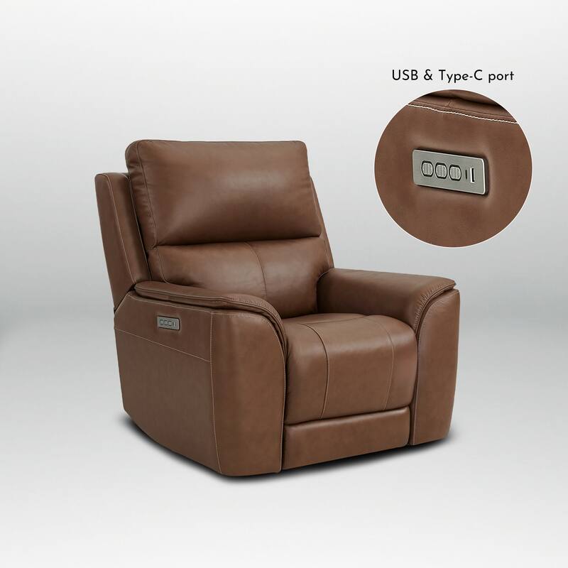 41.5" W Premium Genuine Leather Triple-Power Recliner Sofa with USB & Type-C Ports, Ajustable Headrest