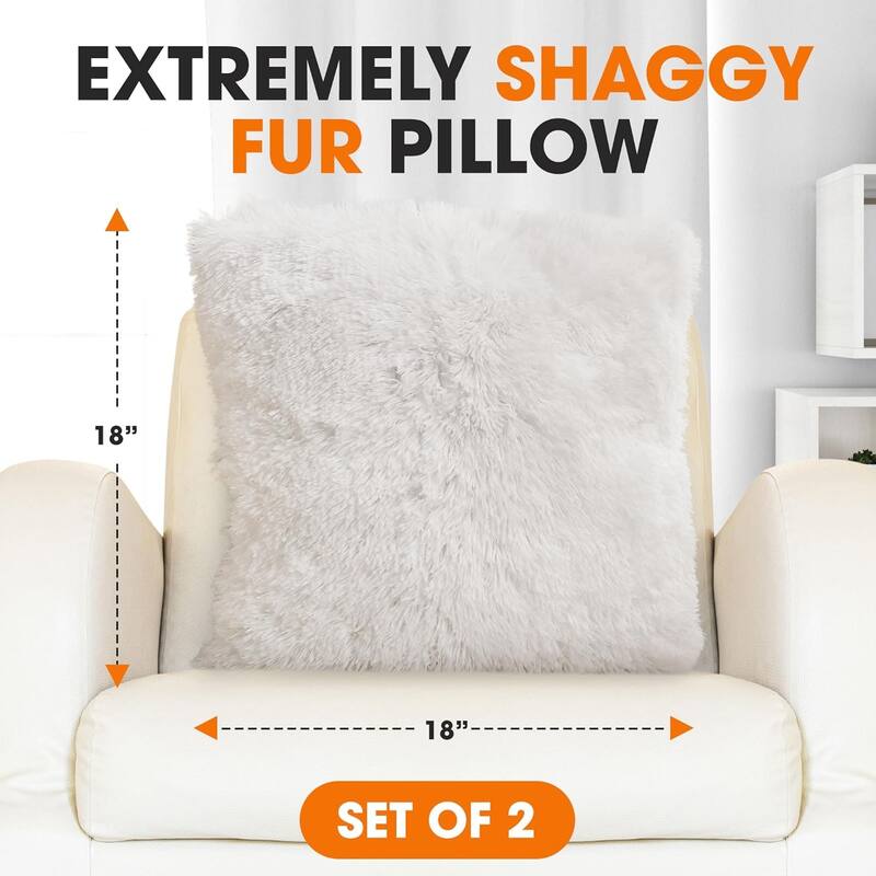 Cheer Collection Super Soft Shaggy Long Hair Throw Pillows Set of 2 Plush Accent Cushions