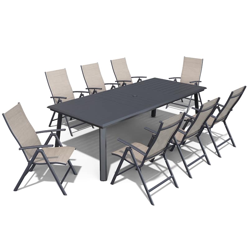 Outdoor Aluminum Dining Table with Umbrella Hole with Durable Adjustable Reclining Folding Chair - 93.9in-Black-Table&Espresso-Chair