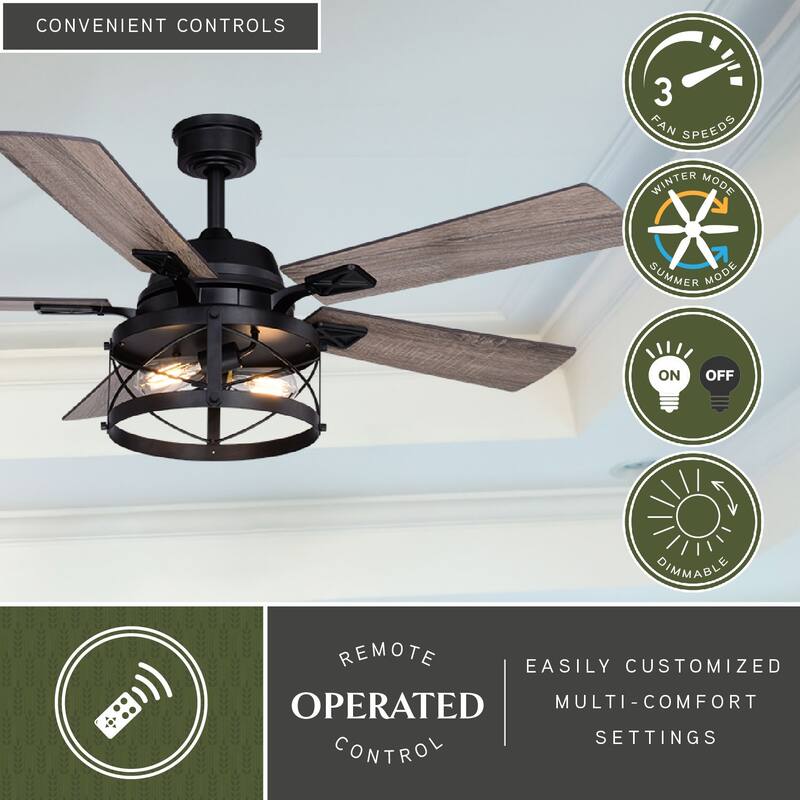 Elburn Black Farmhouse Ceiling Fan with Caged Drum LED Light Kit and Remote - 52-in W x 18.75-in H x 52-in D