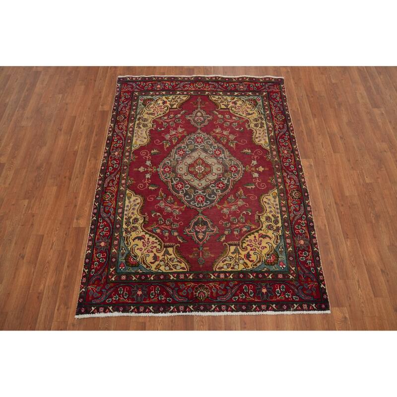 Hand Knotted Oriental 100% Wool Carpet Traditional Floral Red Tabriz Area Rug - 6' 2'' X 4' 7''