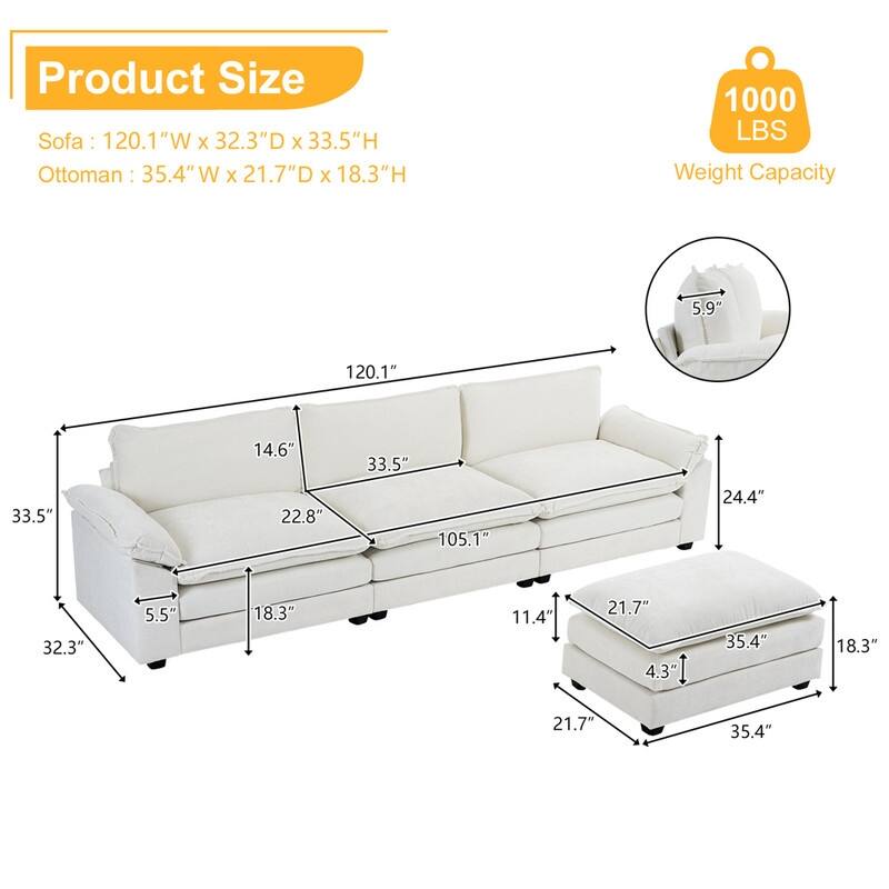 Double Layer Cushion Cloud Couch, Moludar Sofa With Reversible Ottoman For Living Room