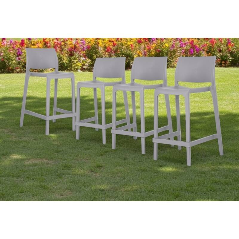 HomeRoots Set of Four 26" Gray Heavy Duty Plastic Low Back Outdoor Counter Height Bar Chairs - Gray