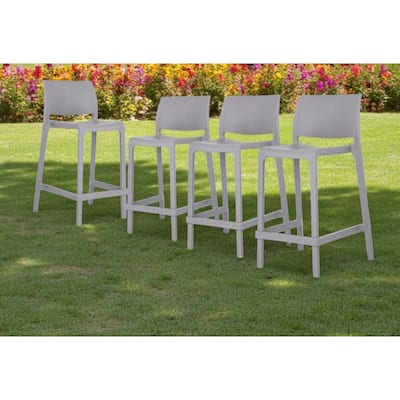 HomeRoots Set of Four 26" Gray Heavy Duty Plastic Low Back Outdoor Counter Height Bar Chairs