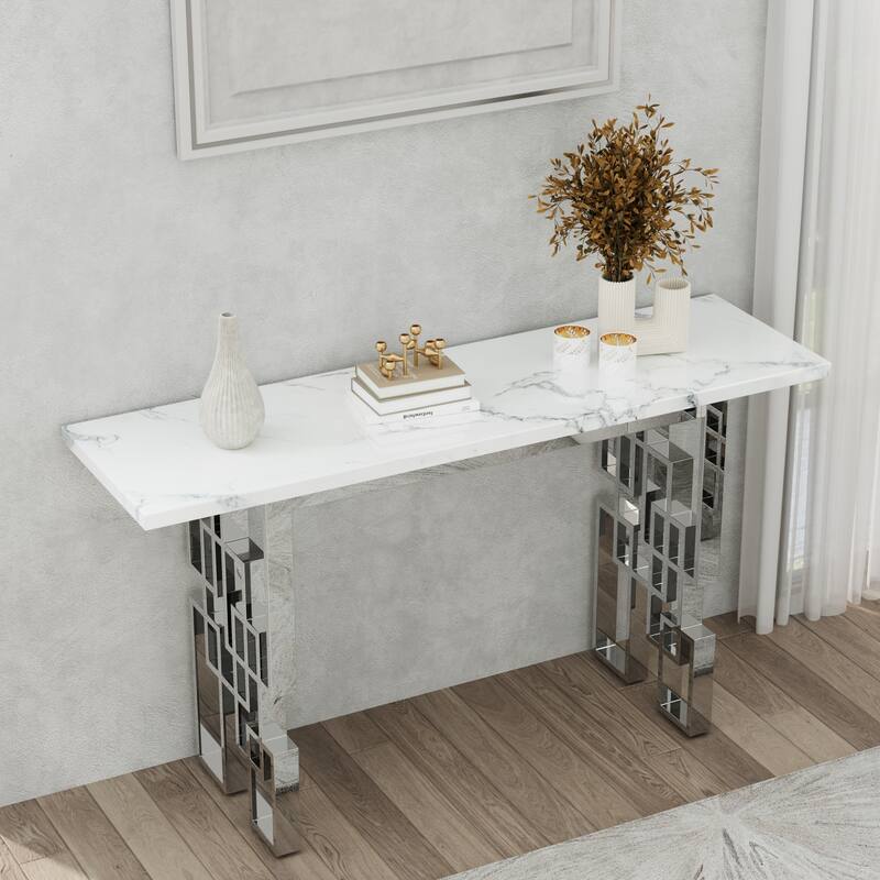 Modern Console Table 55 inch Sofa Table with High Gloss Top and Mirrored Metal Base for Entryway Living Room - White Silver
