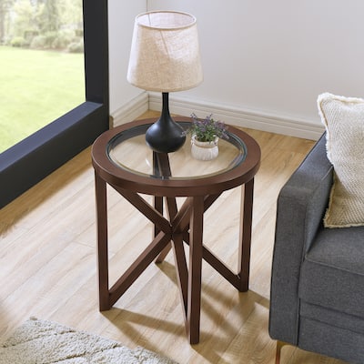 Glass coffee table,Tempered Glass Coffee Table Solid Wood Base Round Transparent Glass Top Terrace Study Coffee Table